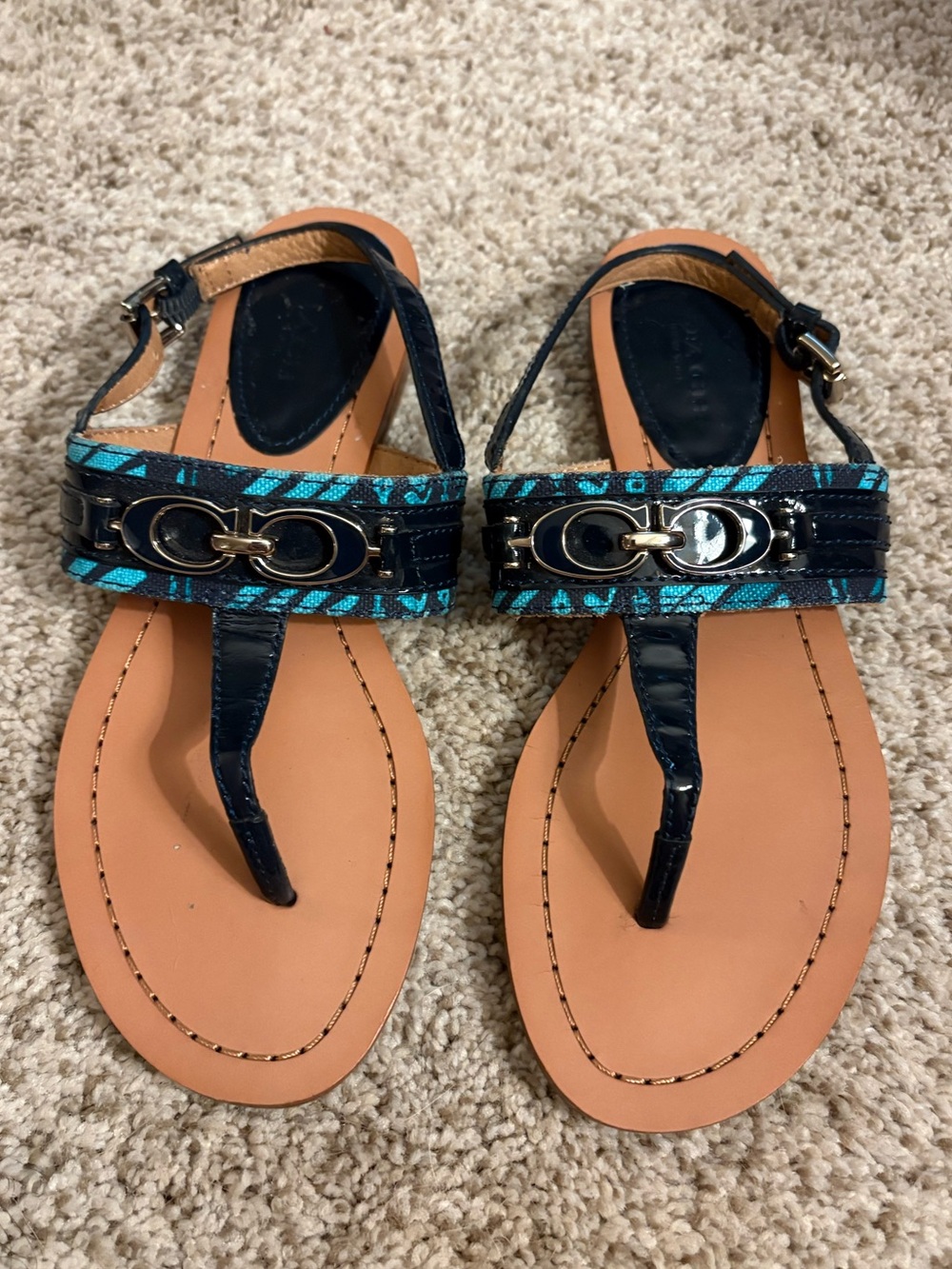 Coach Sammy Sandals in Patent Blue Leather with Enamel Accent